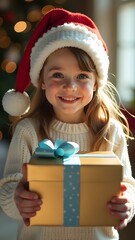 Wall Mural - Portrait of a cute little girl in Santa hat with gift box