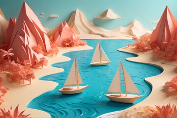 Paper cut tropical beach landscape with sailing boats illustration, seasonal summer travel theme concept texture design. 
