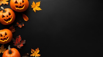 Sticker - A festive Halloween background with carved pumpkins and autumn leaves arranged on a black surface, symbolizing the season's spooky spirit, harvest, and autumnal beauty.