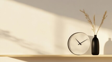 Poster - A minimalist beige interior featuring a clock, a vase with dried flowers, and a wooden shelf, creating a calm and sophisticated atmosphere.