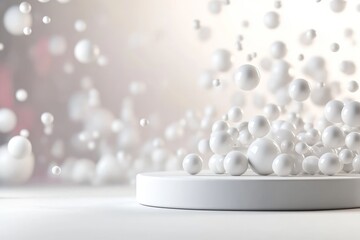 Wall Mural - A minimalist 3D  of a white podium with soft light and floating spheres, creating a clean and elegant backdrop for product display.