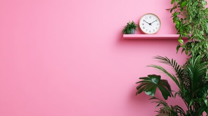 Poster - A minimalist interior design featuring a vibrant pink wall, a sleek shelf, a simple clock, and lush green plants, creating a calming and modern ambiance.