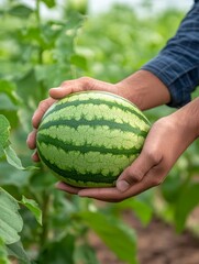 Wall Mural - A pair of hands carefully holds a ripe watermelon in a lush watermelon plantation, symbolizing the harvest, growth, healthy eating, summer, and agriculture.