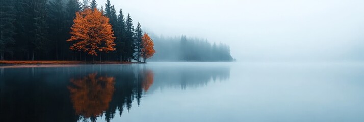 Poster - A picturesque scene of a tranquil lake shrouded in fog, with vibrant autumn foliage reflecting in the water, evoking tranquility, mystery, and the beauty of nature's change.