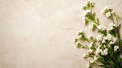 Wall Mural - A serene image showcasing the delicate beauty of white flowers against a smooth, off-white backdrop, symbolizing nature's tranquility, simplicity, purity, and fresh beginnings.