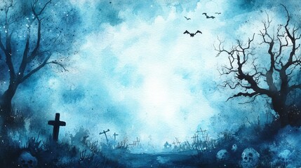 Canvas Print - A spooky Halloween watercolor background with a graveyard, a cross, a bare tree, and bats flying in the night sky. This image is perfect for creating a creepy and atmospheric Halloween design.