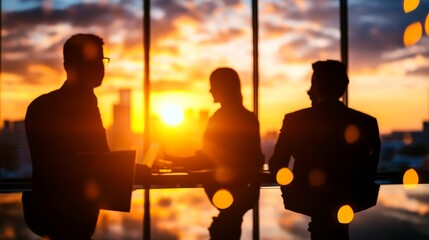 Poster - A team of three professionals collaborate in a modern, glass-walled office space. The warm sunset light streams through the windows, symbolizing opportunity, growth, and a positive work environment.