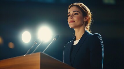 Wall Mural - Confident Businesswoman Speaking at Podium