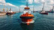 © Creator88 - Tugboats guiding a newly built vessel out of the shipyard, maritime operations, launch of a new ship