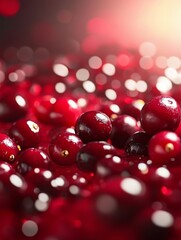 Wall Mural - A vibrant close-up of fresh cranberries atop a bed of red gelatin, showcasing their juicy texture and vibrant color. The image evokes a sense of festive cheer, natural sweetness, and holiday delight.