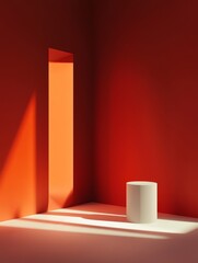 Poster - Abstract orange room with white cylinder and sunlight, symbolizing minimalism, modern design, product display, studio backdrop, and architectural space.