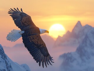 Bald eagle soaring in the sunset with mountain backdrop.