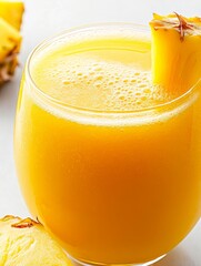 Poster - Close-up of a glass of refreshing pineapple juice with a slice of pineapple on the rim, perfect for a summer drink, tropical vibes, healthy snack, delicious and refreshing, and thirst quenching.