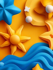 Canvas Print - Colorful paper applique design featuring a yellow sun, blue stars, and blue waves against a bright orange background.