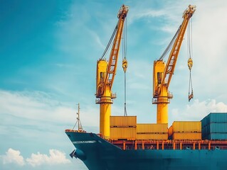 Shipyard cranes unloading large cargo onto a vessel, supply chain management, global logistics