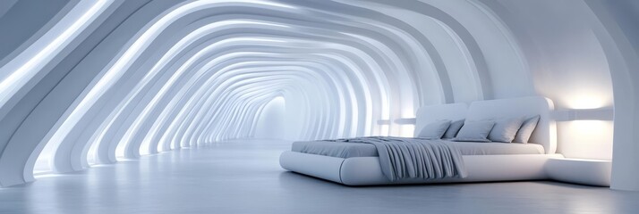 Wall Mural - Futuristic bedroom interior with curved white walls, a modern bed, and soft lighting creating a sleek and minimalist atmosphere.