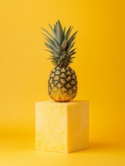 Poster - Fresh pineapple fruit on a yellow background with a pineapple base, showcasing vibrant colors and tropical vibes.