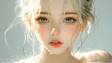 Sticker - Water Drops on Blonde Hair, Stunning Anime Girl Portrait