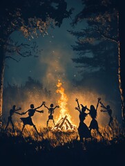 Poster - Skeletons dance around a blazing bonfire in a dark forest. The scene evokes themes of death, celebration, mystery, and the supernatural.