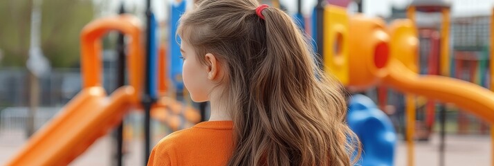 Young girl with long brown hair, wearing an orange shirt, standing at a playground, looking at the slide and other colorful equipment. She seems to be enjoying her time outdoors.