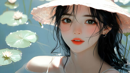 Wall Mural - Girl in a Hat Floating in a Pond with Water Lilies