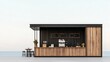 © Creator88 - Stylish container coffee shop exterior with dark wood siding, outdoor seating, and ocean view