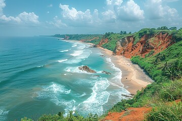 A beautiful beach with a rocky cliff in the background