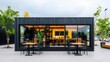 © Creator88 - Sleek container coffee shop exterior with dark steel finish, large glass doors, and modern patio furniture