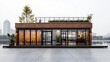 © Creator88 - Modern container coffee shop exterior with concrete facade, large windows, and overlooking a serene lake