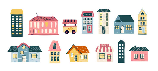 the trendy pattern of a cute little house. A set of cute, cartoon urban, cartoon  houses. graphic elements,  with houses in minimal style. for print, banner, card. modern art png