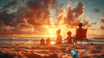 Joyful family beach vacation  children building sandcastles as parents relax under a sunset glow