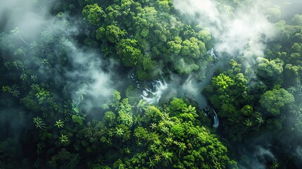 Canvas Print - Lush rainforest with rivers waterfalls and misty green foliage from above