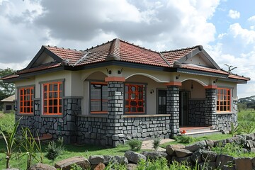 Wall Mural - A small house with a red roof and orange trim