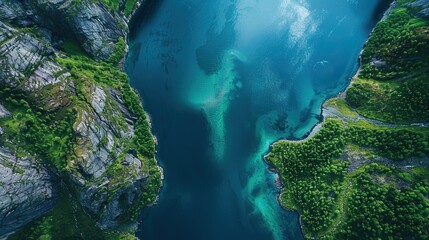 Tranquil fjord with rocky cliffs and lush greenery from an aerial view