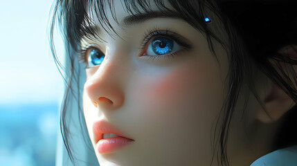 Wall Mural - Digital Art: Blue Eyes, Close Up, Woman, Looking Up, Illustration