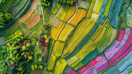 Poster - Patchwork of colorful flowering fields with irrigation channels and narrow paths