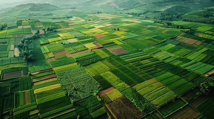 Poster - Aerial view of farmland with geometric crop patterns and small farmsteads