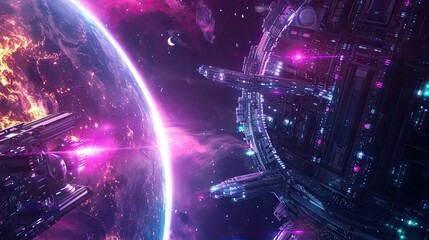 Wall Mural - Space station with sleek structures and neon lights orbiting a vivid colorful planet