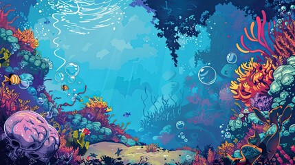 Wall Mural - Colorful underwater world with exaggerated coral reefs and playful floating bubbles