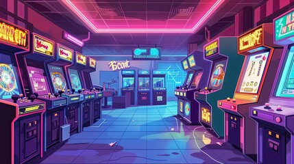 Poster - Amusement arcade scene with oversized game machines and bright neon lights ideal for text