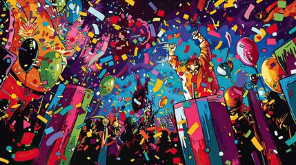 Wall Mural - Dynamic parade scene with exaggerated floats confetti and colorful streamers