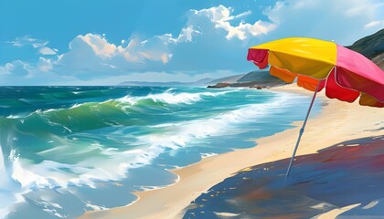 Vibrant beachscape with colorful umbrellas, gentle waves, and pristine white sand under a summer sky, evoking the essence of a perfect vacation retreat