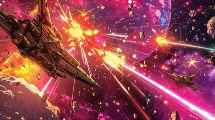 Wall Mural - Cartoonish space battle with exaggerated spacecraft colorful lasers and cosmic elements