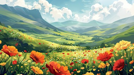 Wall Mural - Lush valley with exaggerated flowers rolling hills and bright skies perfect for adding text