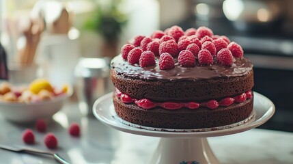 a chocolate cake with a lot of raspberry's on it like the great british bake off cake, placed on a table, with baking utinsels next to it, with small, happy, cartoon frogs on it