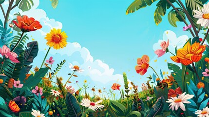 Wall Mural - Exaggerated botanical garden with oversized flowers and dynamic foliage under a clear sky ideal for text