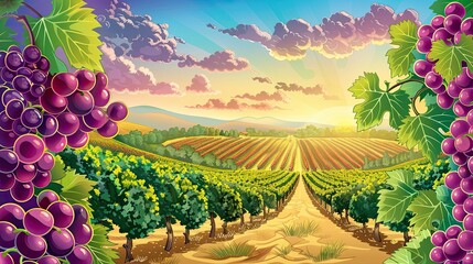 Canvas Print - Playful vineyard landscape with exaggerated grapes and rows under a bright sky creating space for text