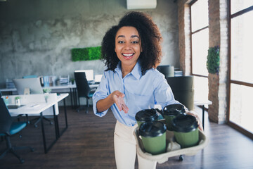 Poster - Photo of cheerful positive lady recruiter dressed shirt bringing coffee indoors workplace workstation loft