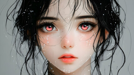 Poster - Digital Art:  A Close Up of an Anime Girl with Pink Eyes