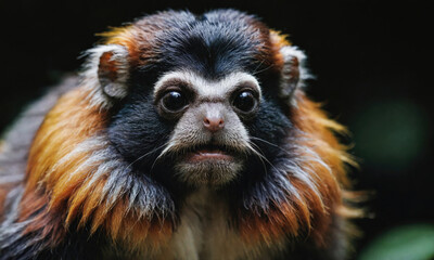Wall Mural - a red-handed tamarin stares intently at the camera, its fur a striking contrast against the dark bac